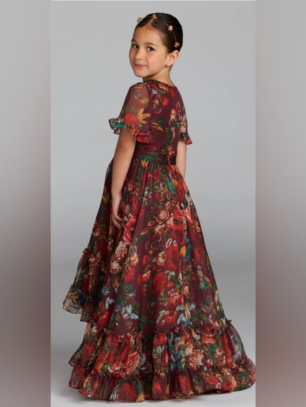 Mac Duggal NWT Girls Burgundy Floral High Low Maxi Dress Size 6 #68668